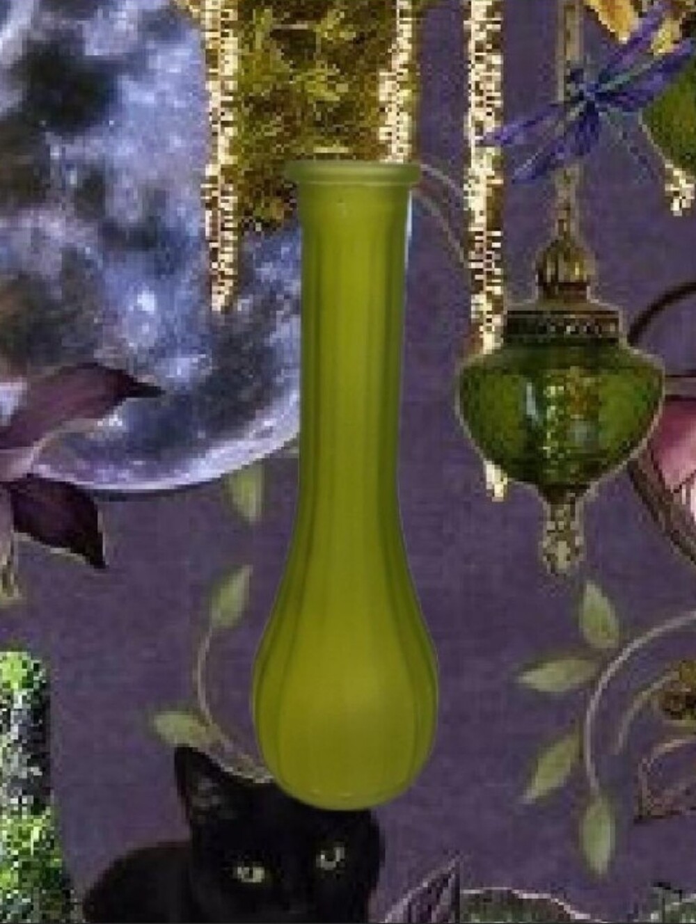 Vintage MCM Green Flashed Glass Fluted, Ribbed Design Satin Finish Bud Vase 8.5"